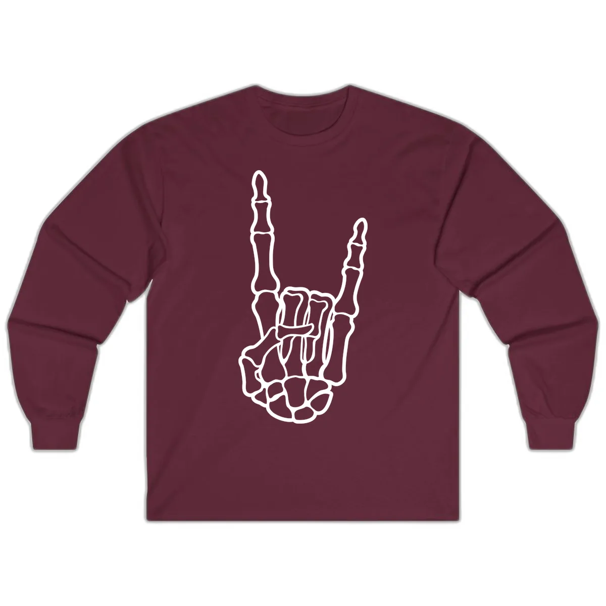 Skeletal Rock and Roll Hand Gesture Long Sleeve in Maroon