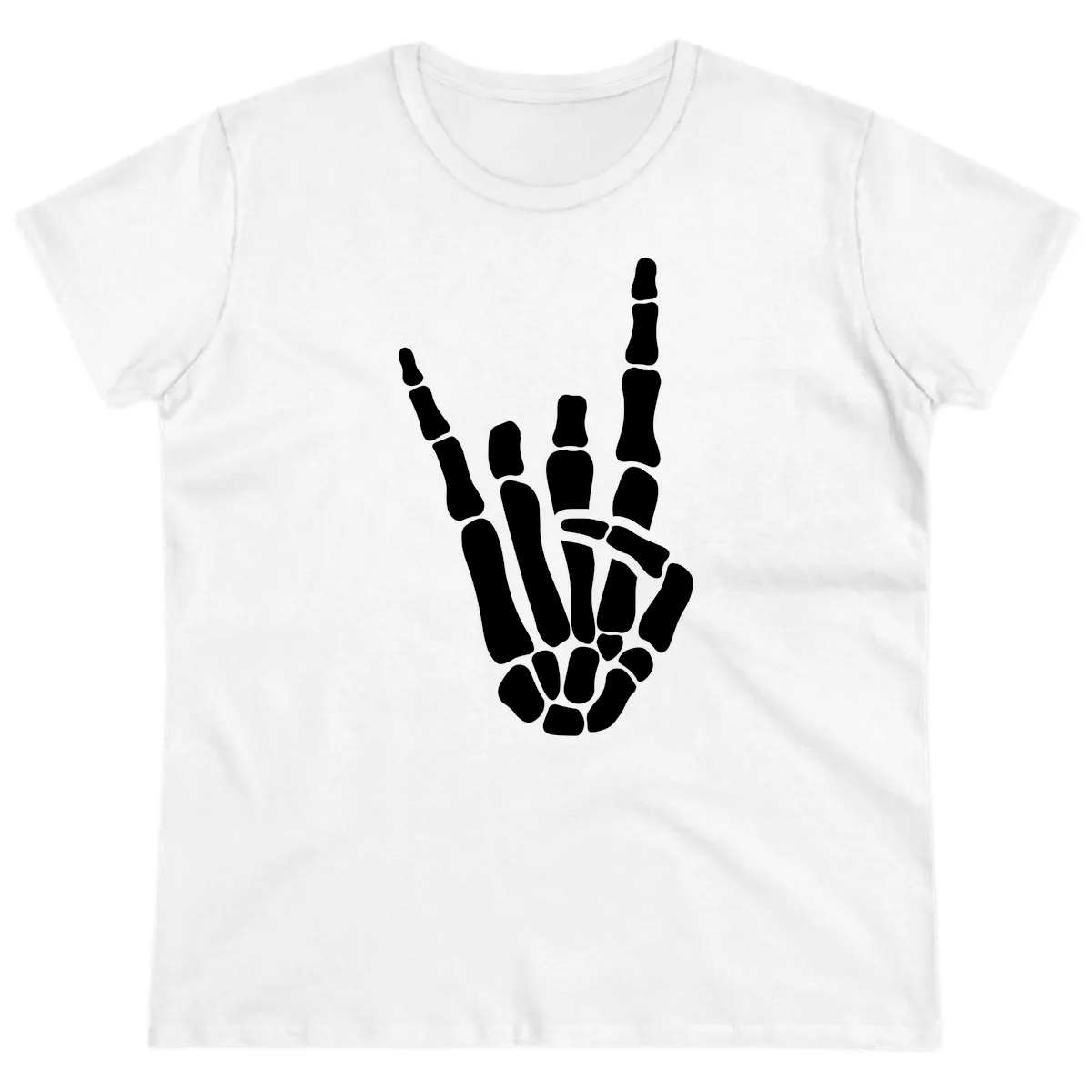 Rock And Roll Skeleton Hand Sign Ladies Tee in White