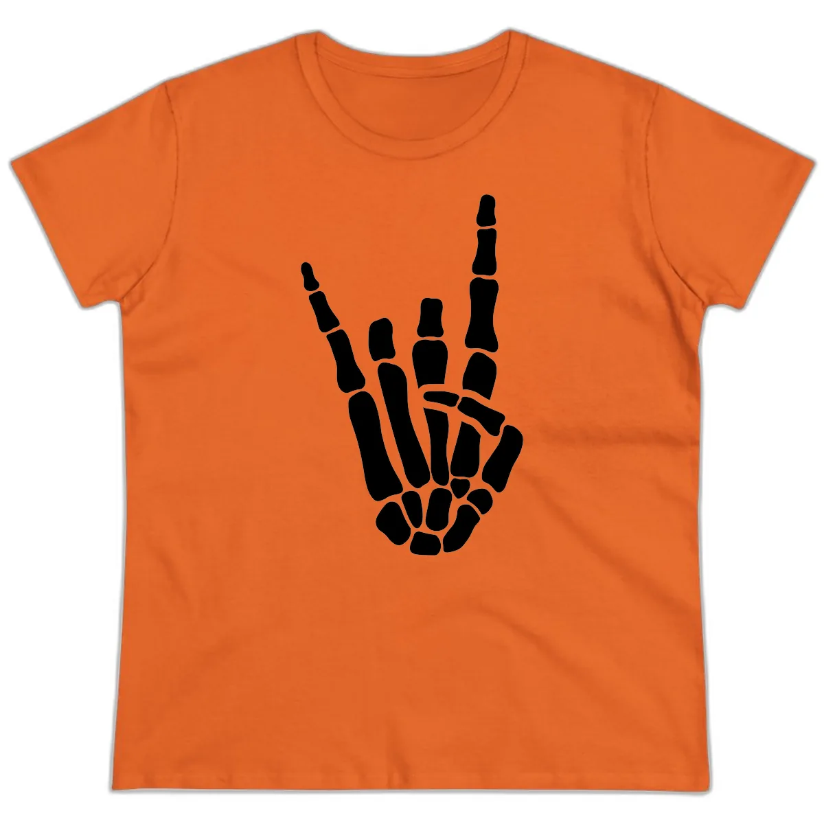 Rock And Roll Skeleton Hand Sign Ladies Tee in Orange