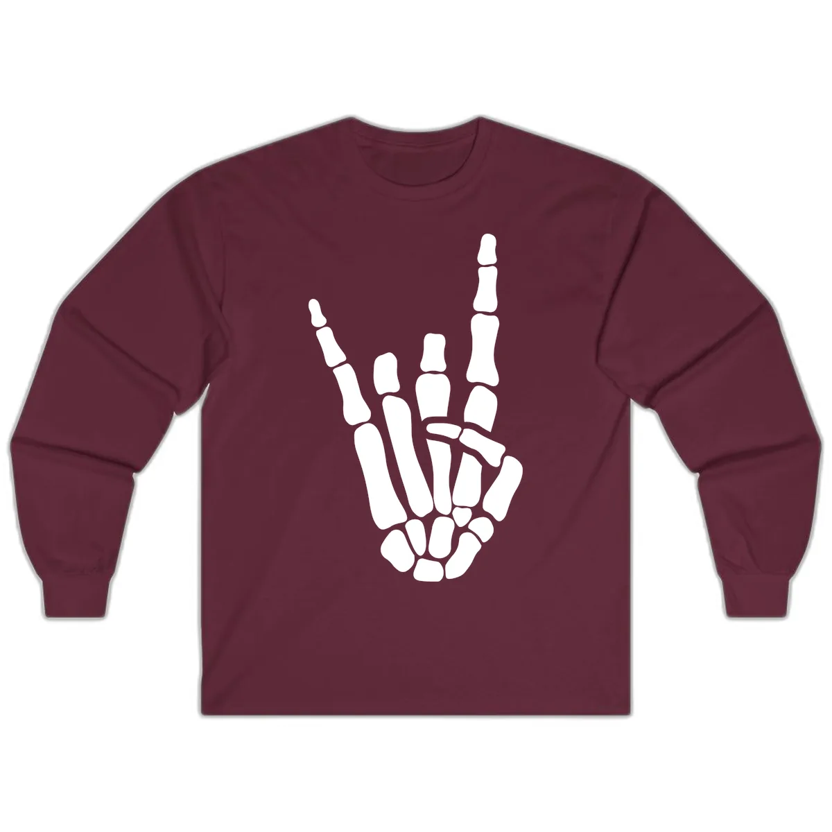 Rock And Roll Skeleton Hand Sign Long Sleeve in Maroon