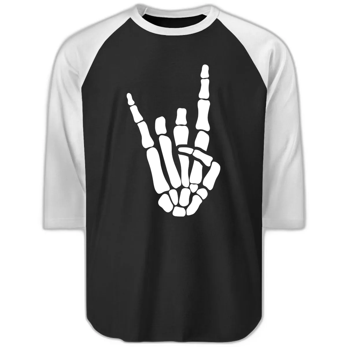 Rock And Roll Skeleton Hand Sign Raglan 3/4 in Black White