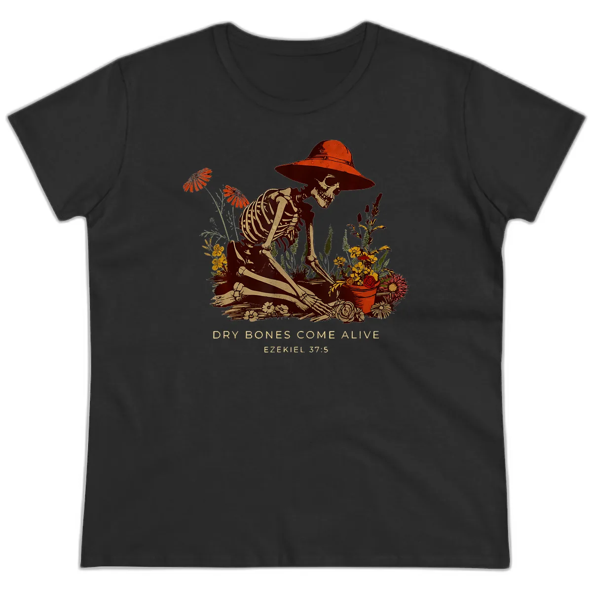 Skeleton Gardener Dry Bones Come Alive Ladies Tee in Black