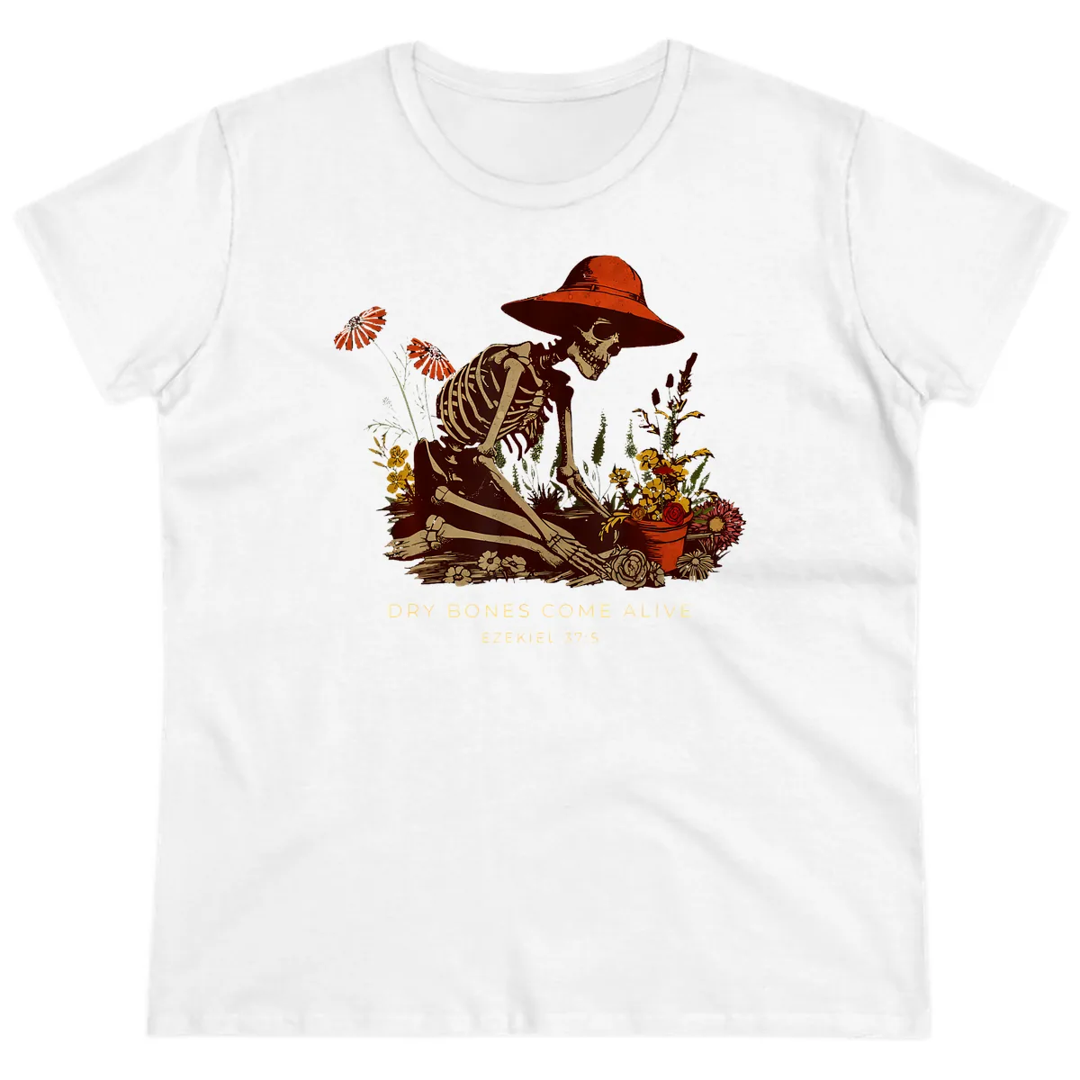 Skeleton Gardener Dry Bones Come Alive Ladies Tee in White