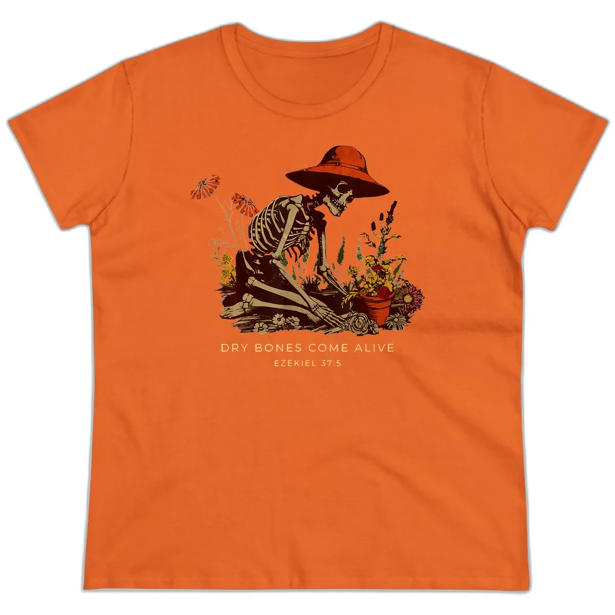 Skeleton Gardener Dry Bones Come Alive Ladies Tee in Orange
