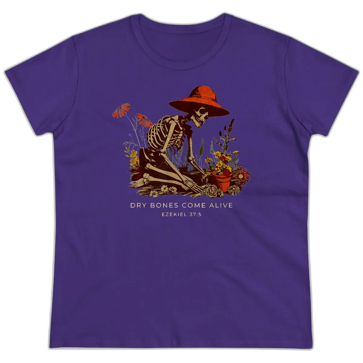 Skeleton Gardener Dry Bones Come Alive Ladies Tee in Purple