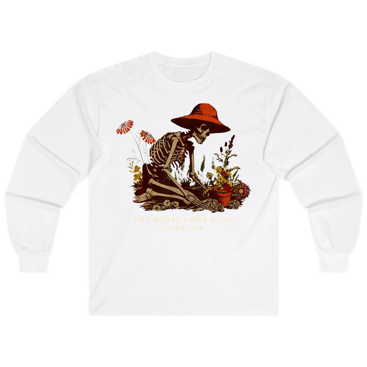 Skeleton Gardener Dry Bones Come Alive Long Sleeve in White