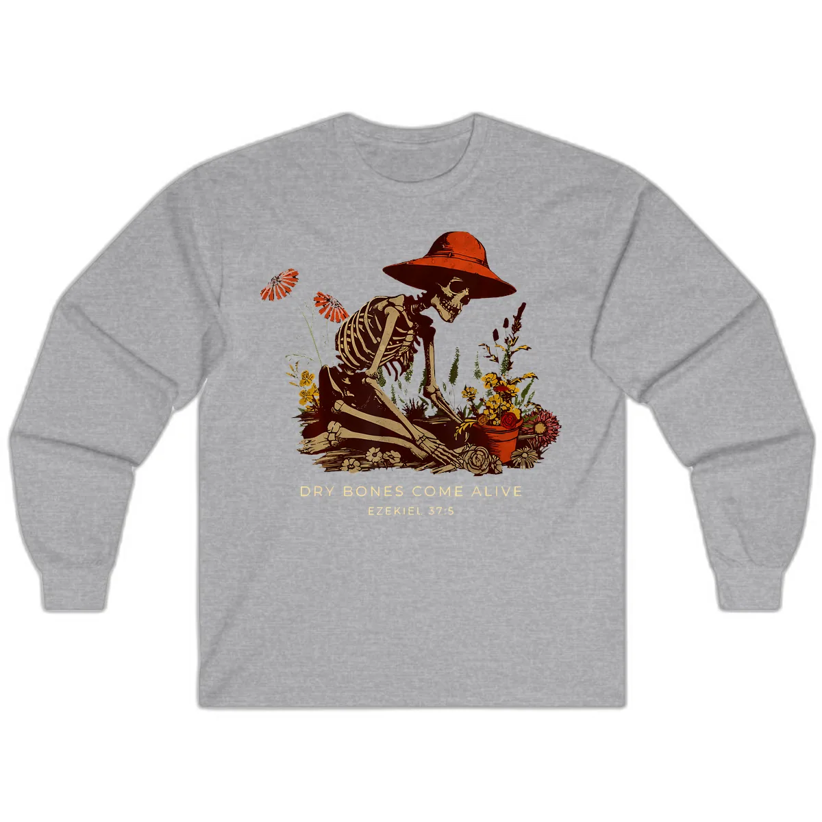 Skeleton Gardener Dry Bones Come Alive Long Sleeve in Sport Grey