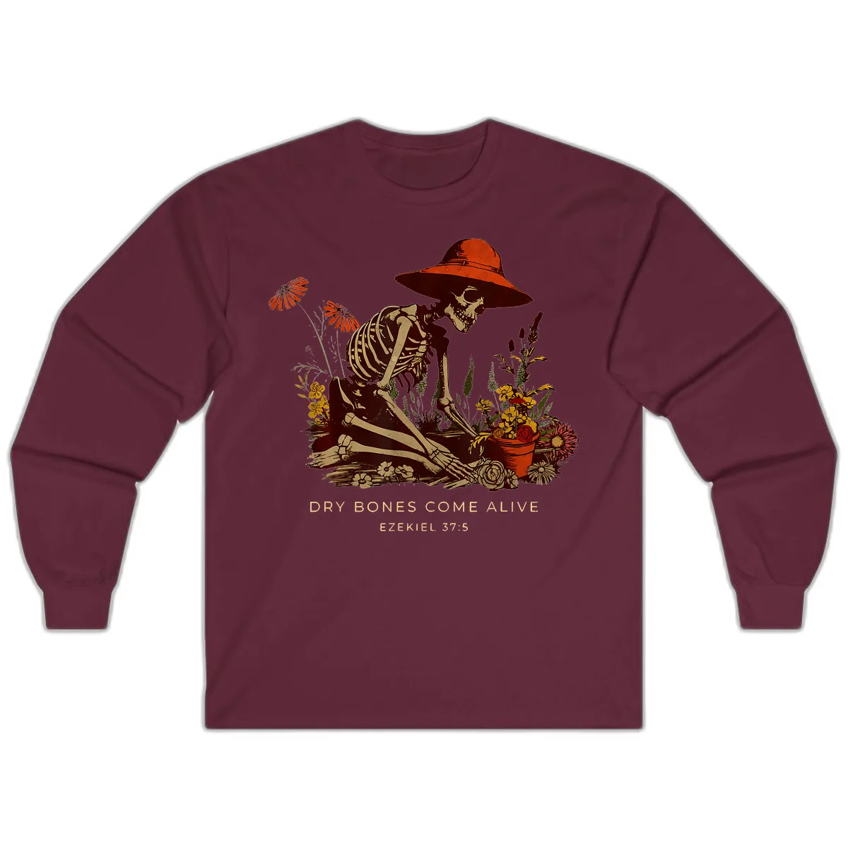 Skeleton Gardener Dry Bones Come Alive Long Sleeve in Maroon