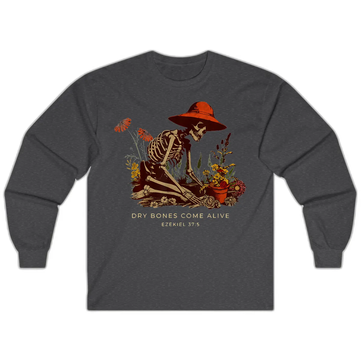 Skeleton Gardener Dry Bones Come Alive Long Sleeve in Dark Heather