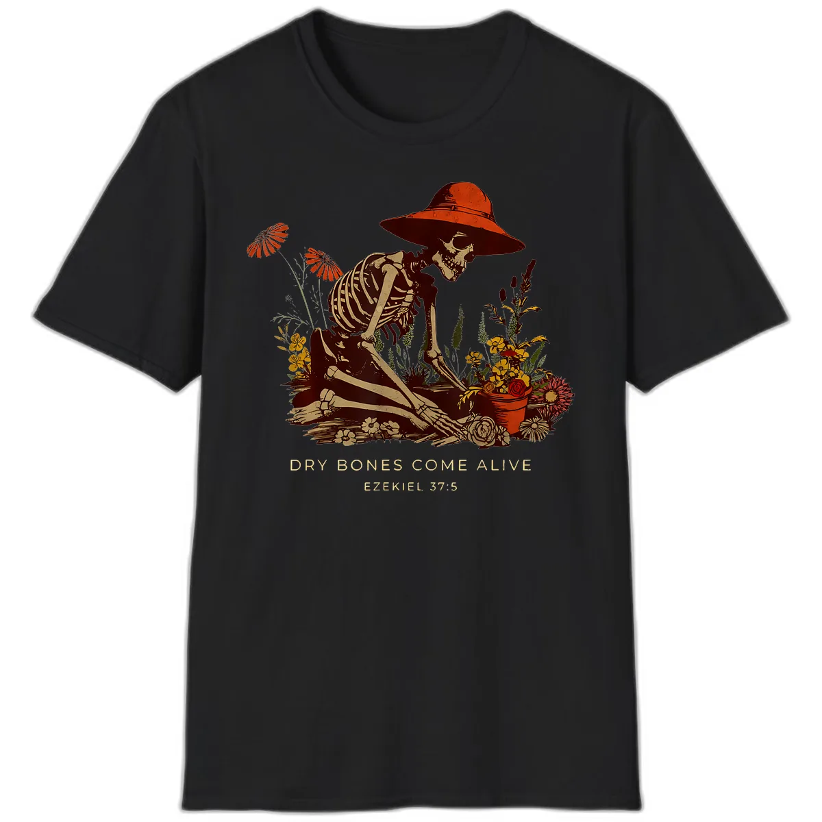 Skeleton Gardener Dry Bones Come Alive T-Shirt in Black