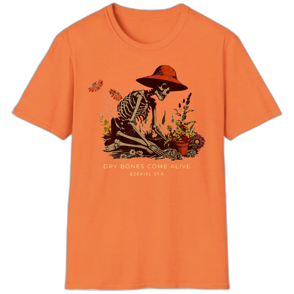 Skeleton Gardener Dry Bones Come Alive T-Shirt in Heather Orange