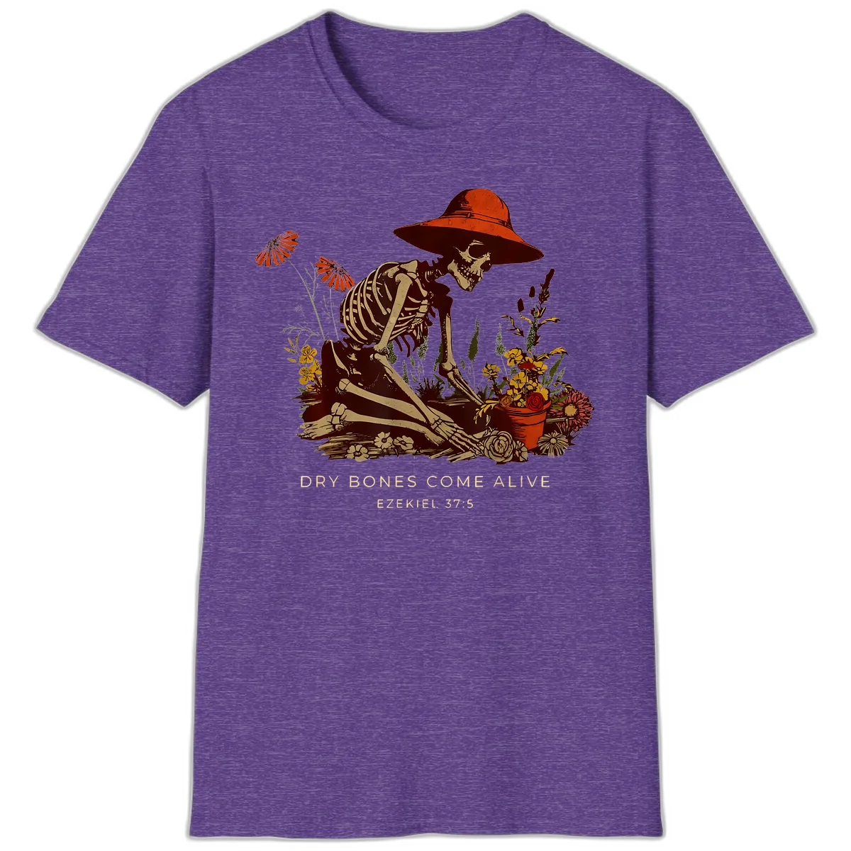 Skeleton Gardener Dry Bones Come Alive T-Shirt in Heather Purple