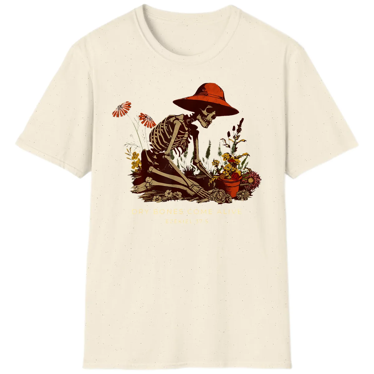 Skeleton Gardener Dry Bones Come Alive T-Shirt in Natural