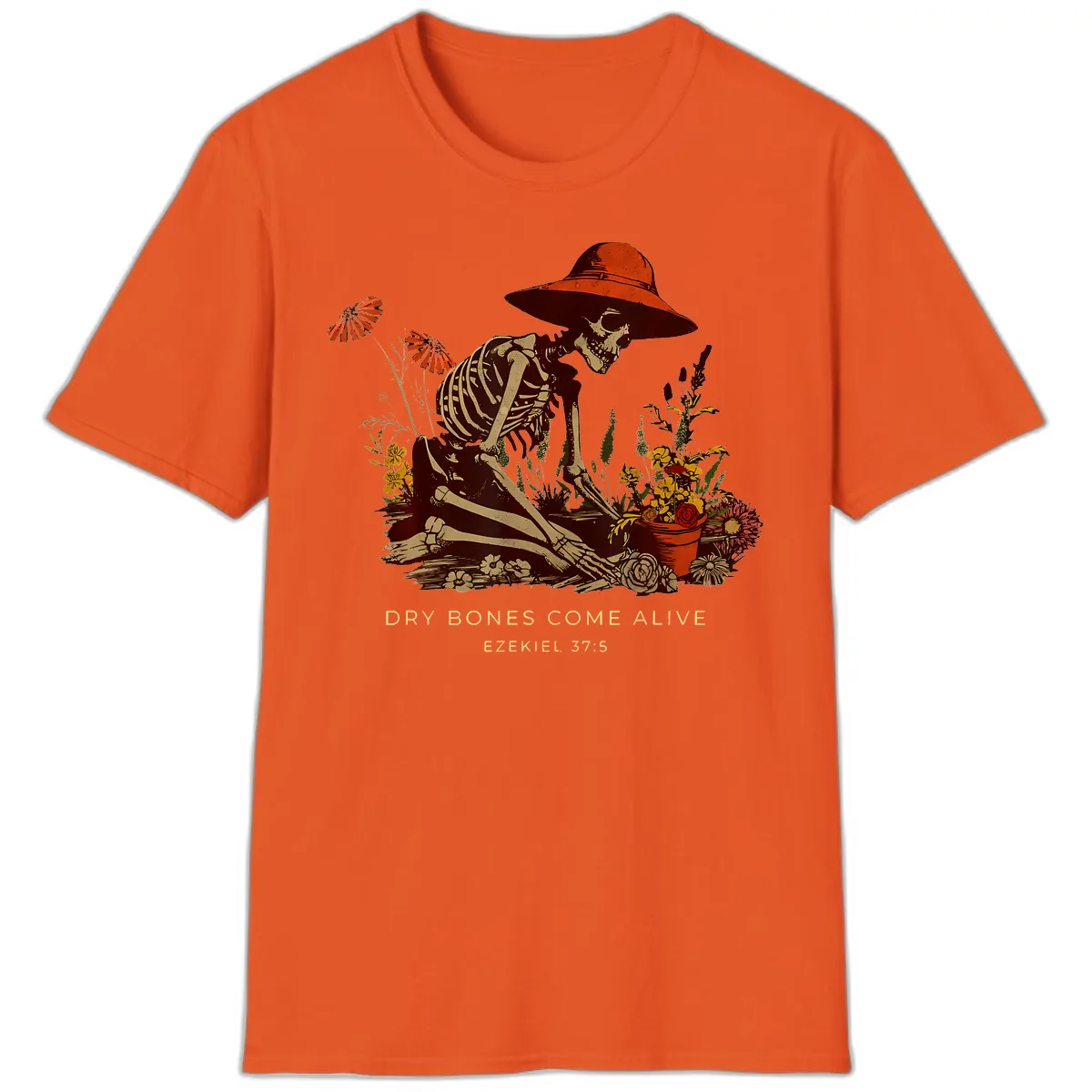 Skeleton Gardener Dry Bones Come Alive T-Shirt in Orange