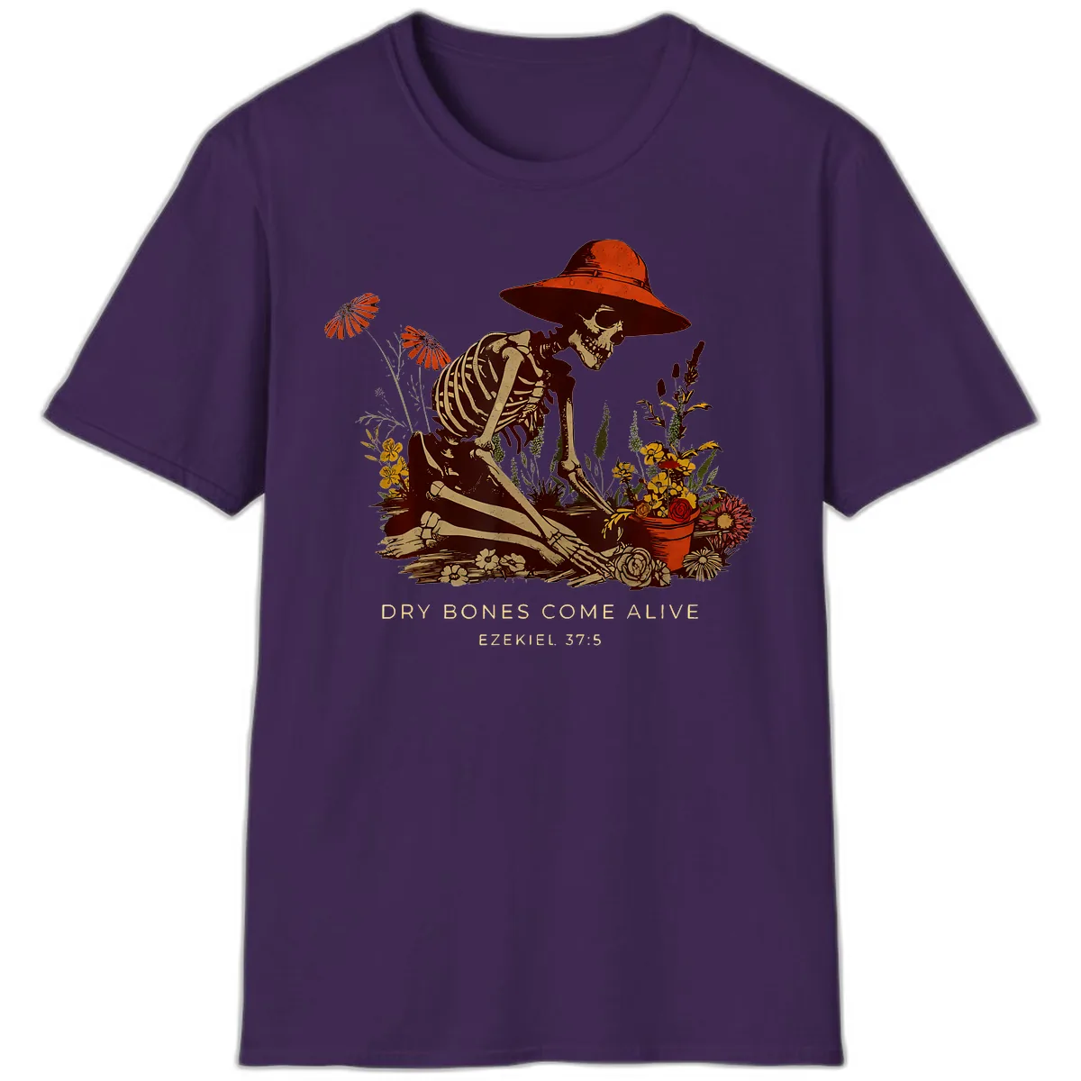 Skeleton Gardener Dry Bones Come Alive T-Shirt in Purple