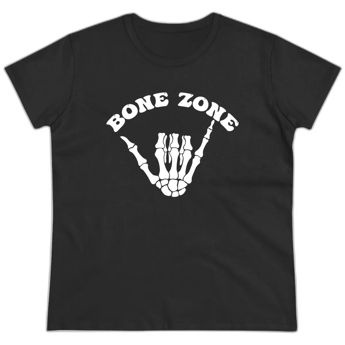 Bone Zone Skeleton Shaka Hand Gesture Ladies Tee in Black