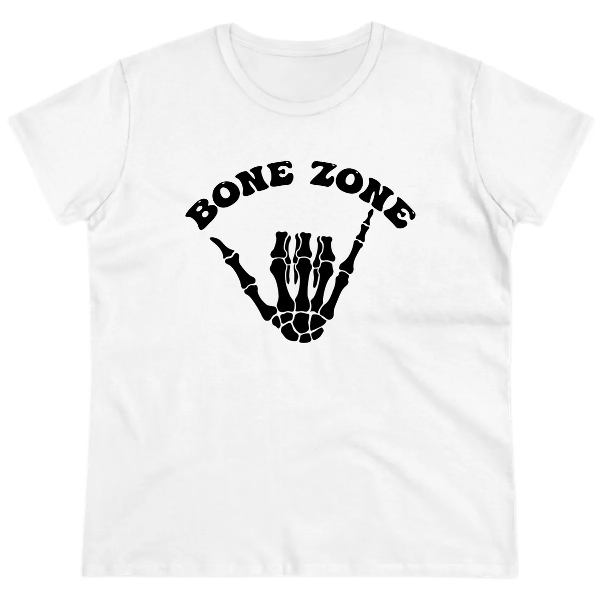 Bone Zone Skeleton Shaka Hand Gesture Ladies Tee in White