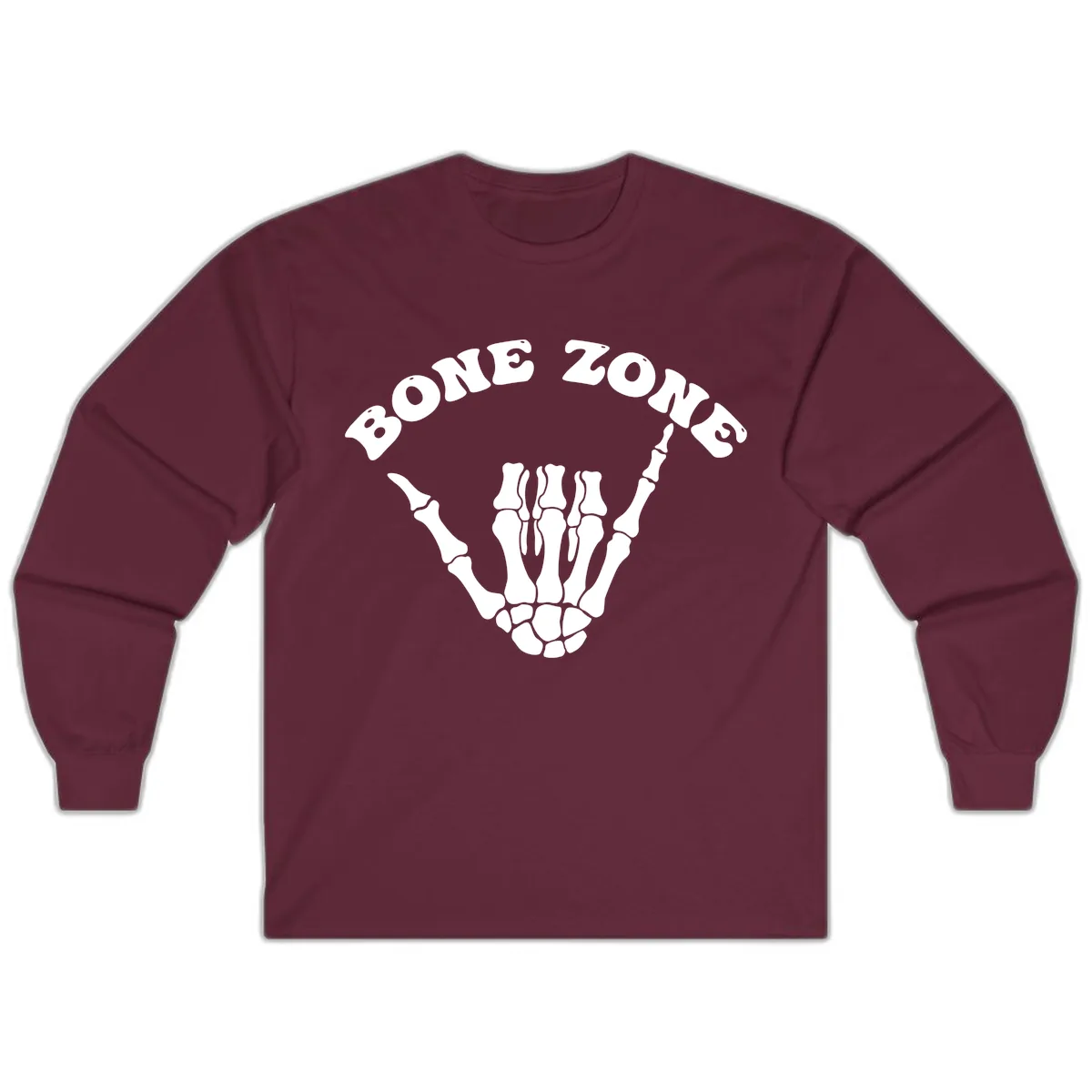 Bone Zone Skeleton Shaka Hand Gesture Long Sleeve in Maroon