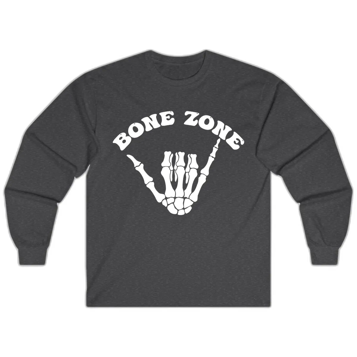 Bone Zone Skeleton Shaka Hand Gesture Long Sleeve in Dark Heather