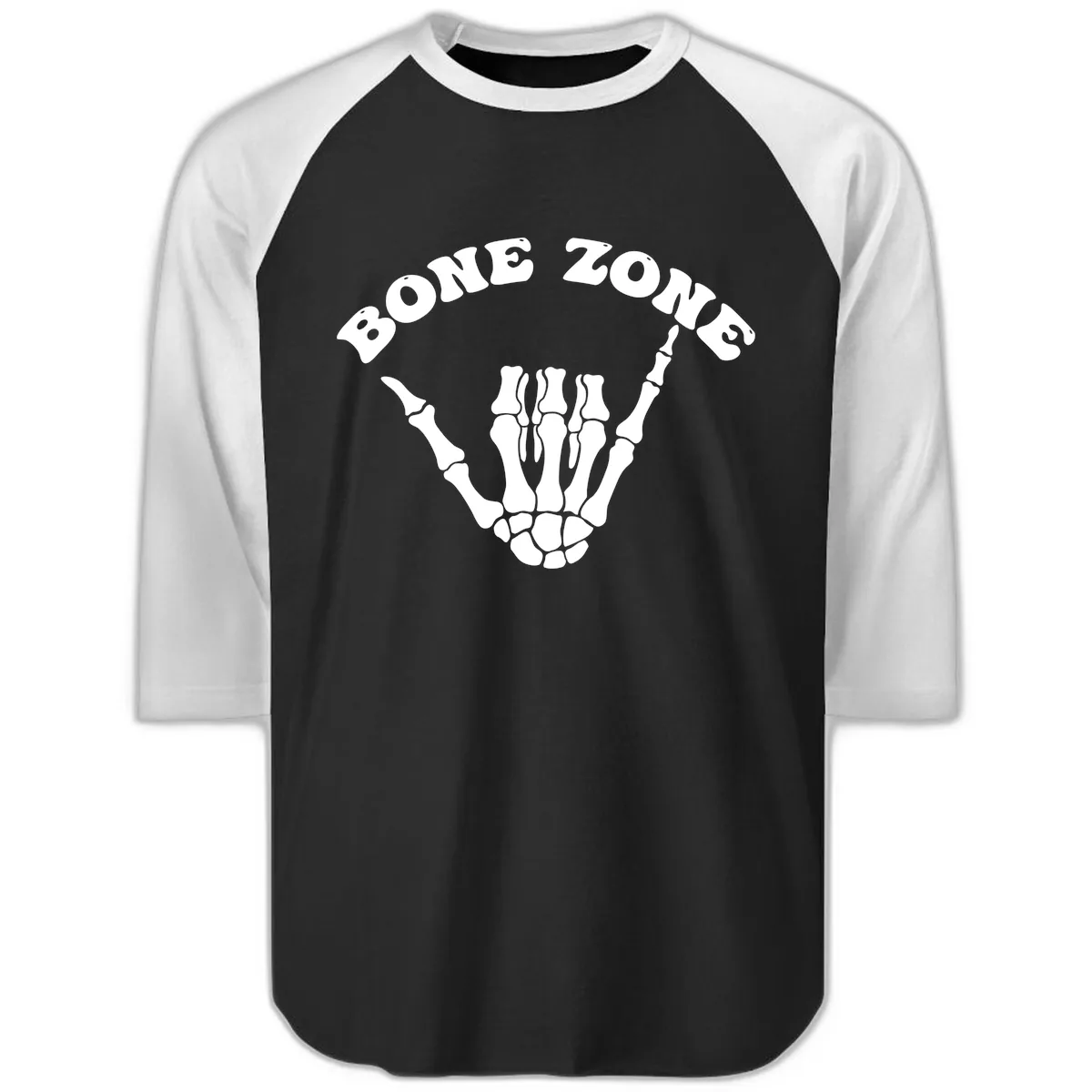 Bone Zone Skeleton Shaka Hand Gesture Raglan 3/4 in Black White