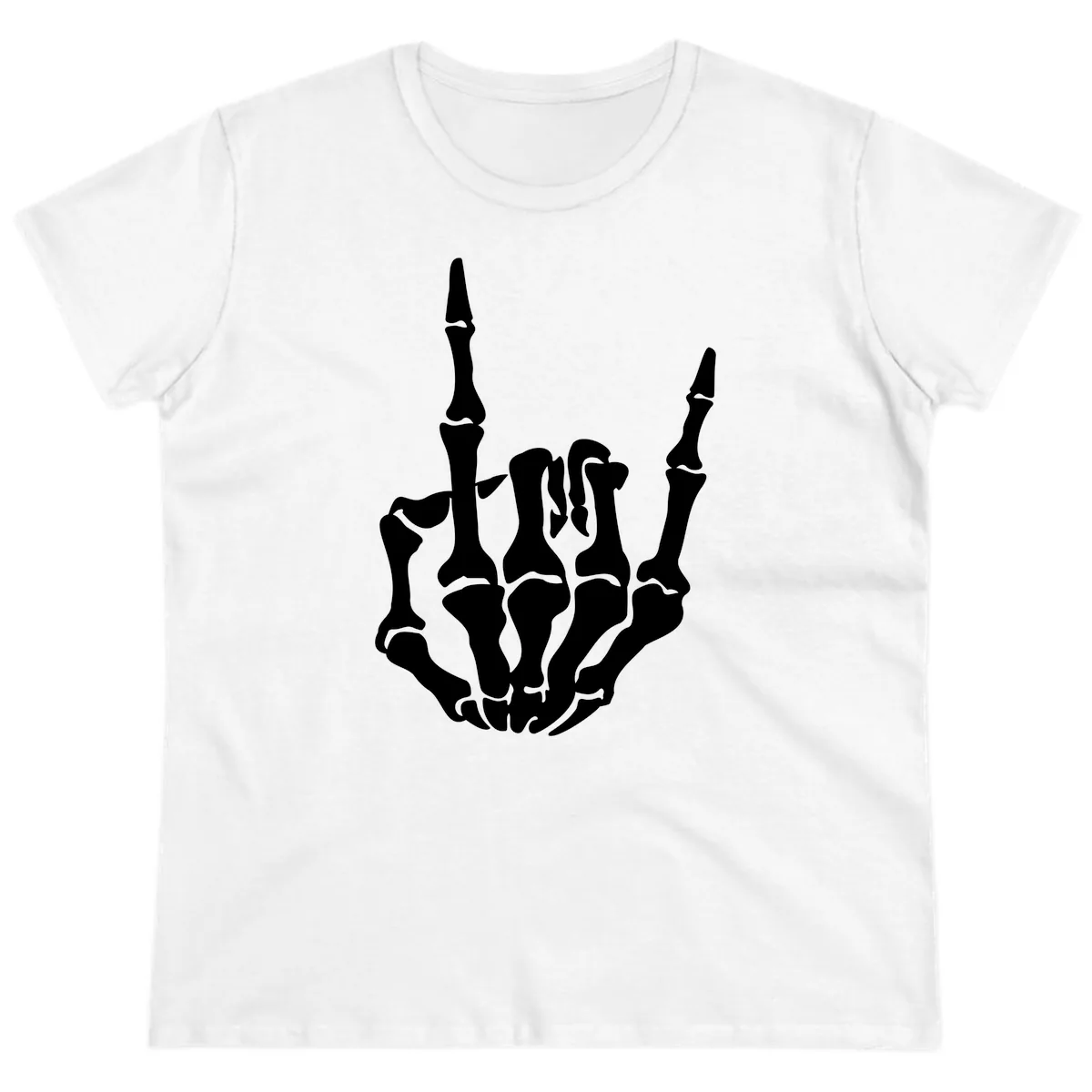 Skeleton Hand Rock On Gesture Ladies Tee in White