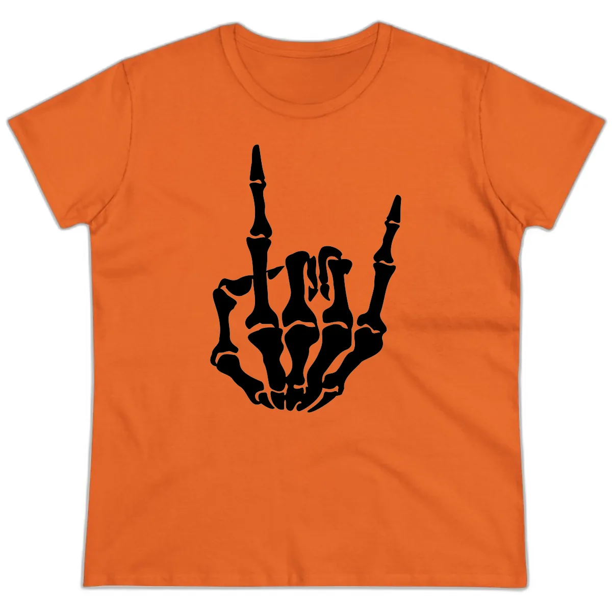 Skeleton Hand Rock On Gesture Ladies Tee in Orange