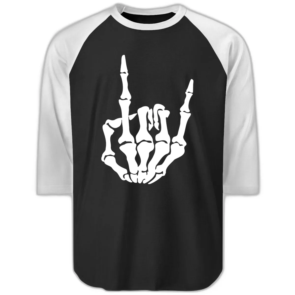 Skeleton Hand Rock On Gesture Raglan 3/4 in Black White
