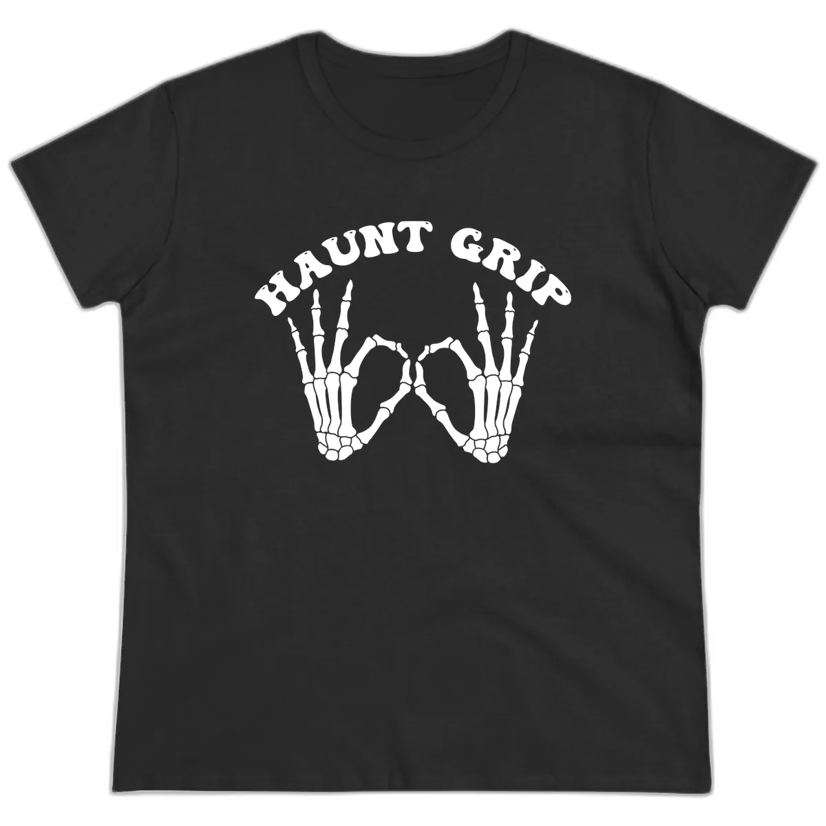 Haunt Grip Skeleton Hands Heart Gesture Ladies Tee in Black