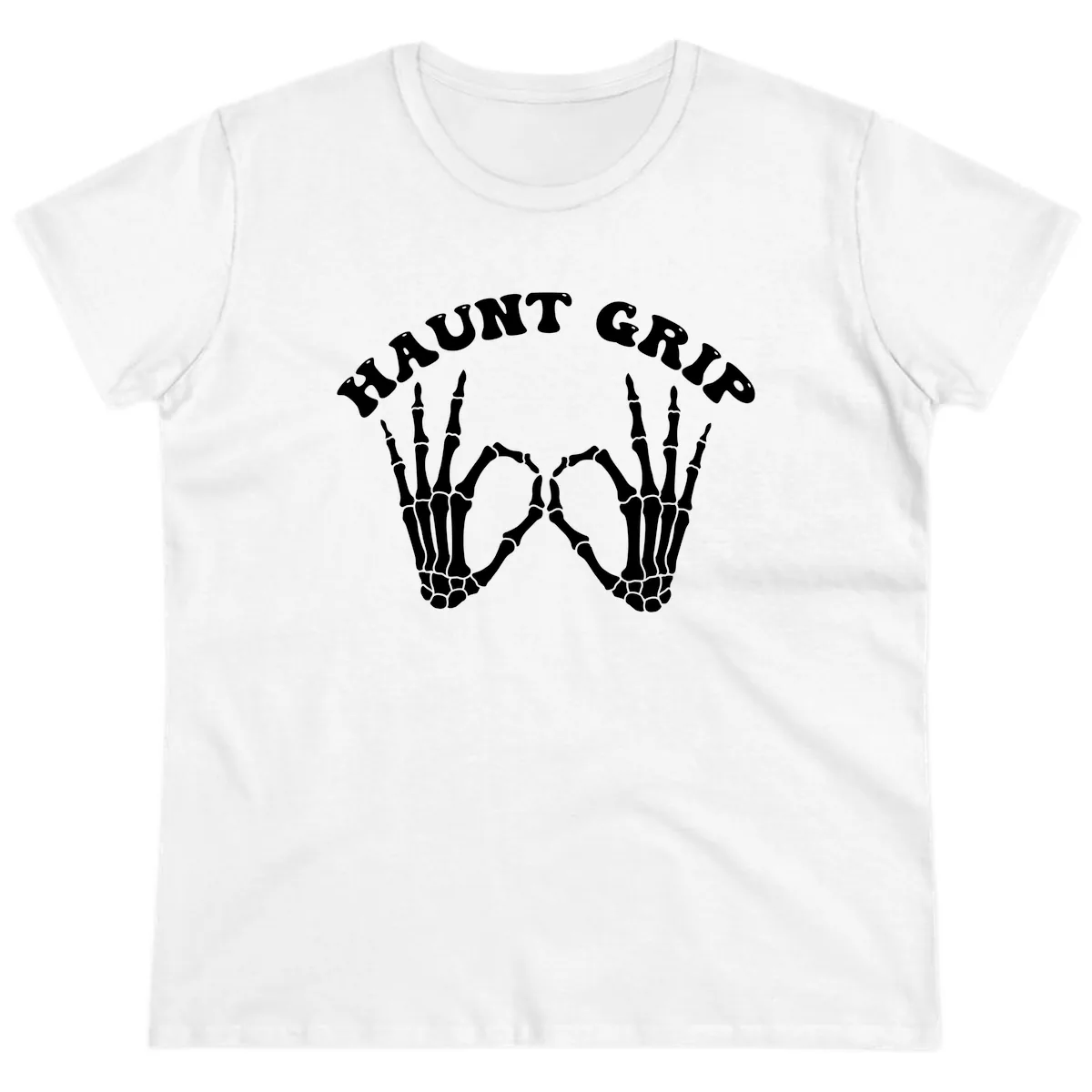 Haunt Grip Skeleton Hands Heart Gesture Ladies Tee in White