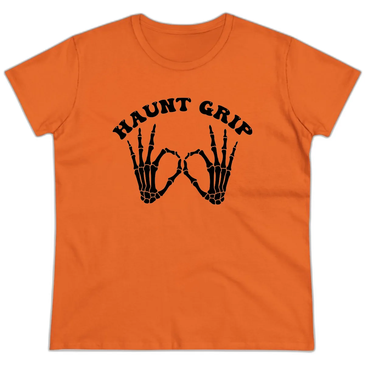 Haunt Grip Skeleton Hands Heart Gesture Ladies Tee in Orange