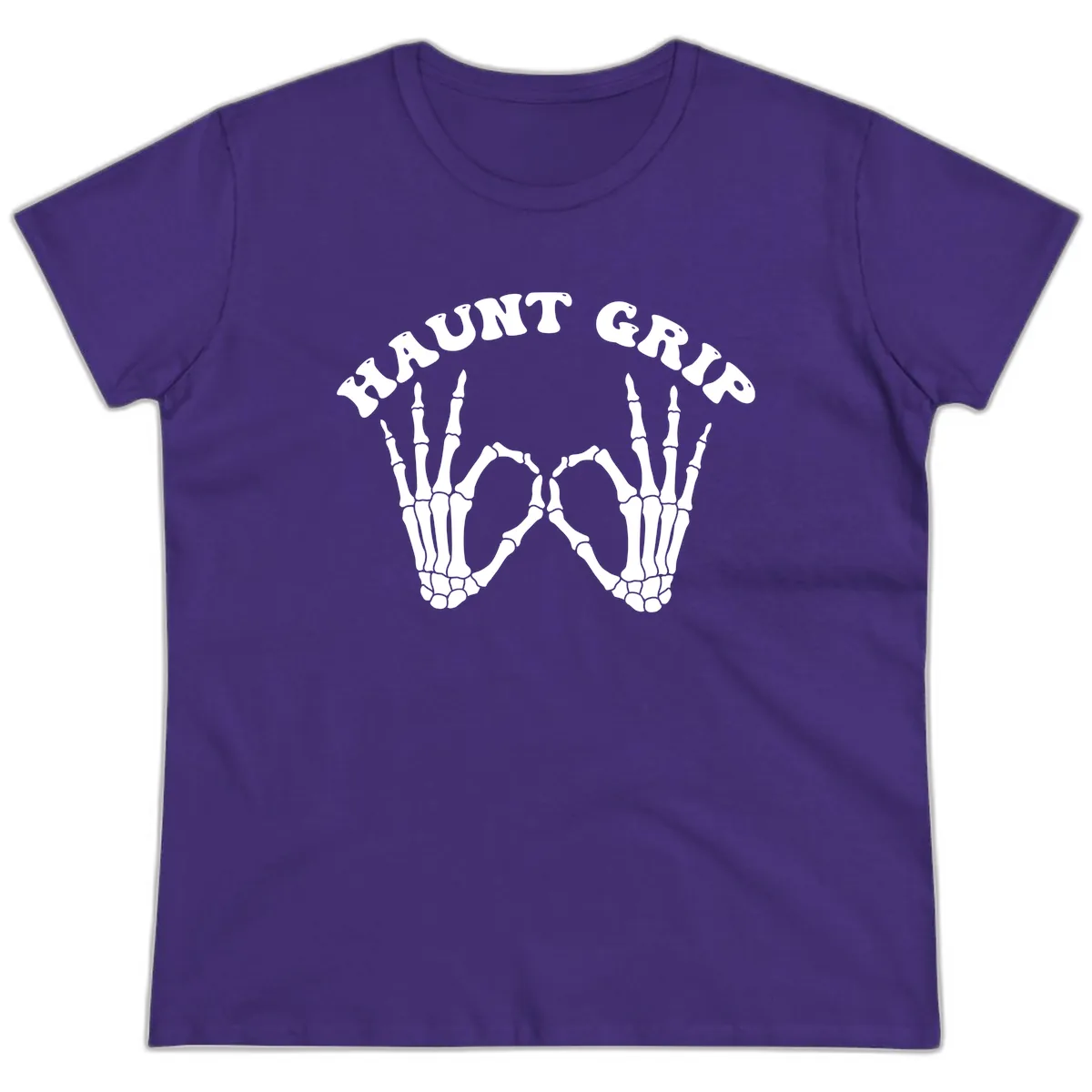 Haunt Grip Skeleton Hands Heart Gesture Ladies Tee in Purple