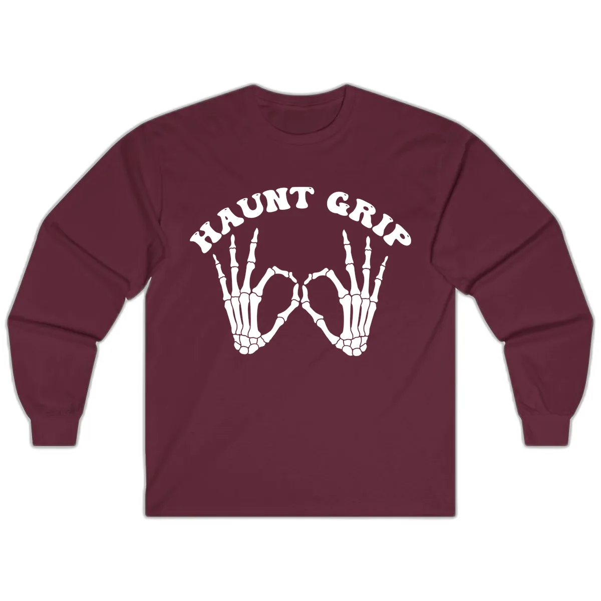 Haunt Grip Skeleton Hands Heart Gesture Long Sleeve in Maroon