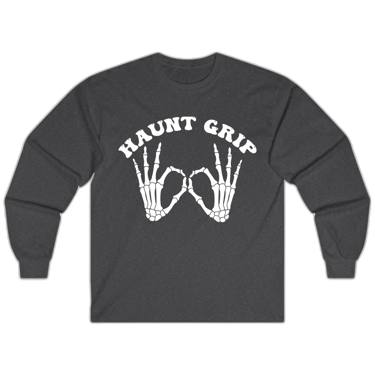Haunt Grip Skeleton Hands Heart Gesture Long Sleeve in Dark Heather