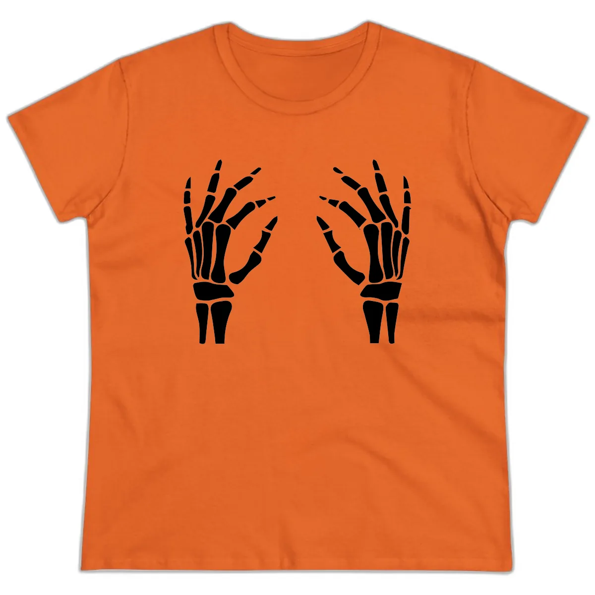 Pair Of Skeletal Hands Reaching Out Ladies Tee in Orange