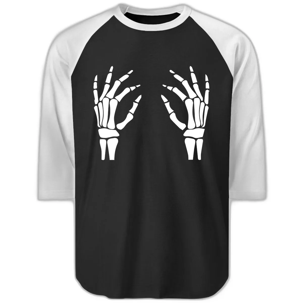 Pair Of Skeletal Hands Reaching Out Raglan 3/4 in Black White