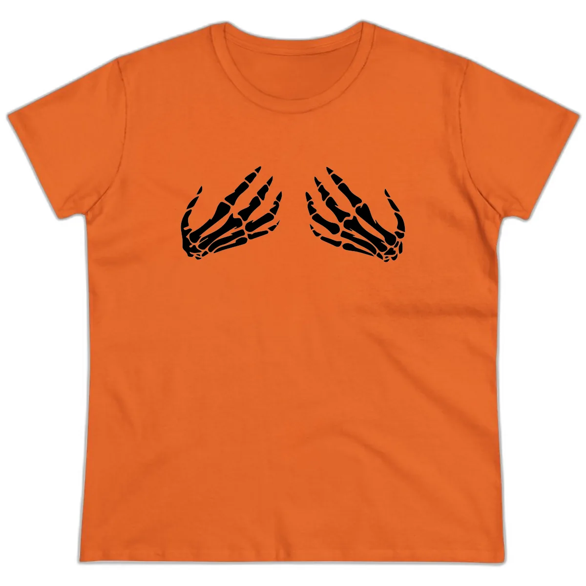 Pair of Skeletal Hands Reaching Upward Ladies Tee in Orange