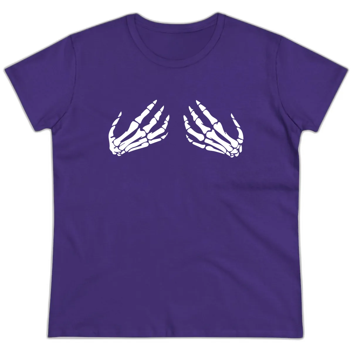 Pair of Skeletal Hands Reaching Upward Ladies Tee in Purple