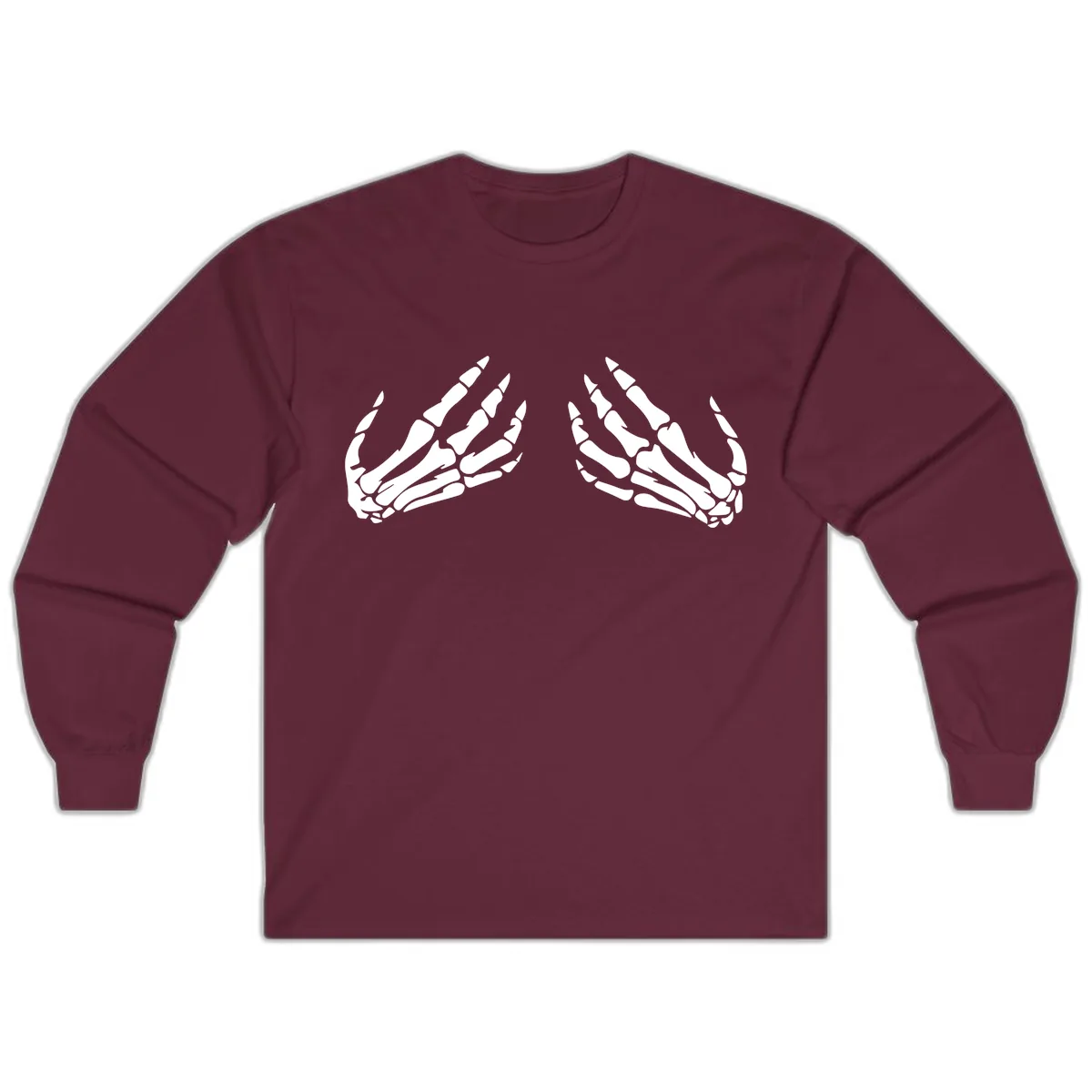 Pair of Skeletal Hands Reaching Upward Long Sleeve in Maroon