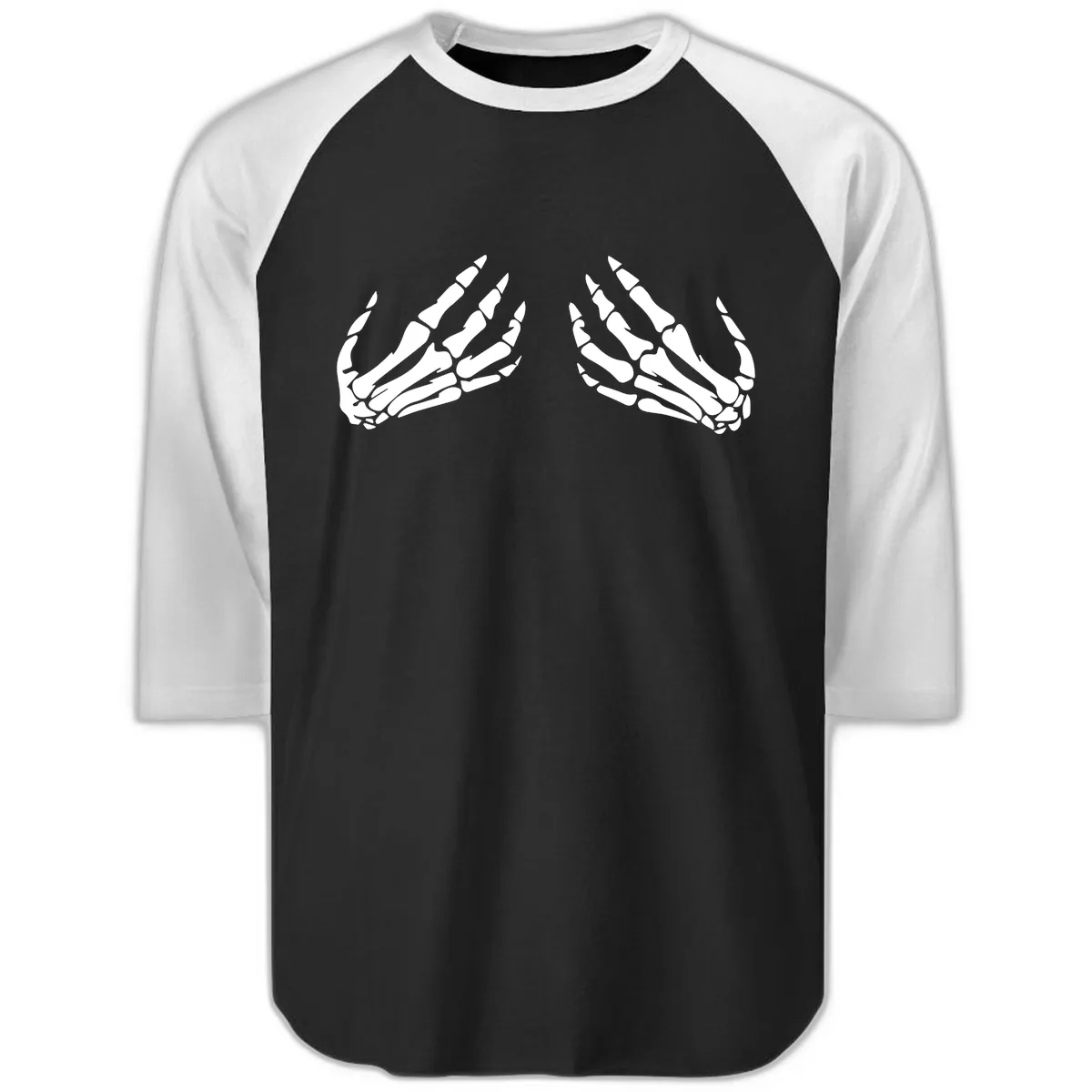 Pair of Skeletal Hands Reaching Upward Raglan 3/4 in Black White