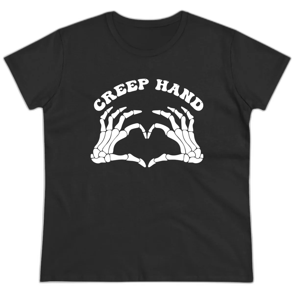 Creep Hand Skeleton Heart Gesture Ladies Tee in Black