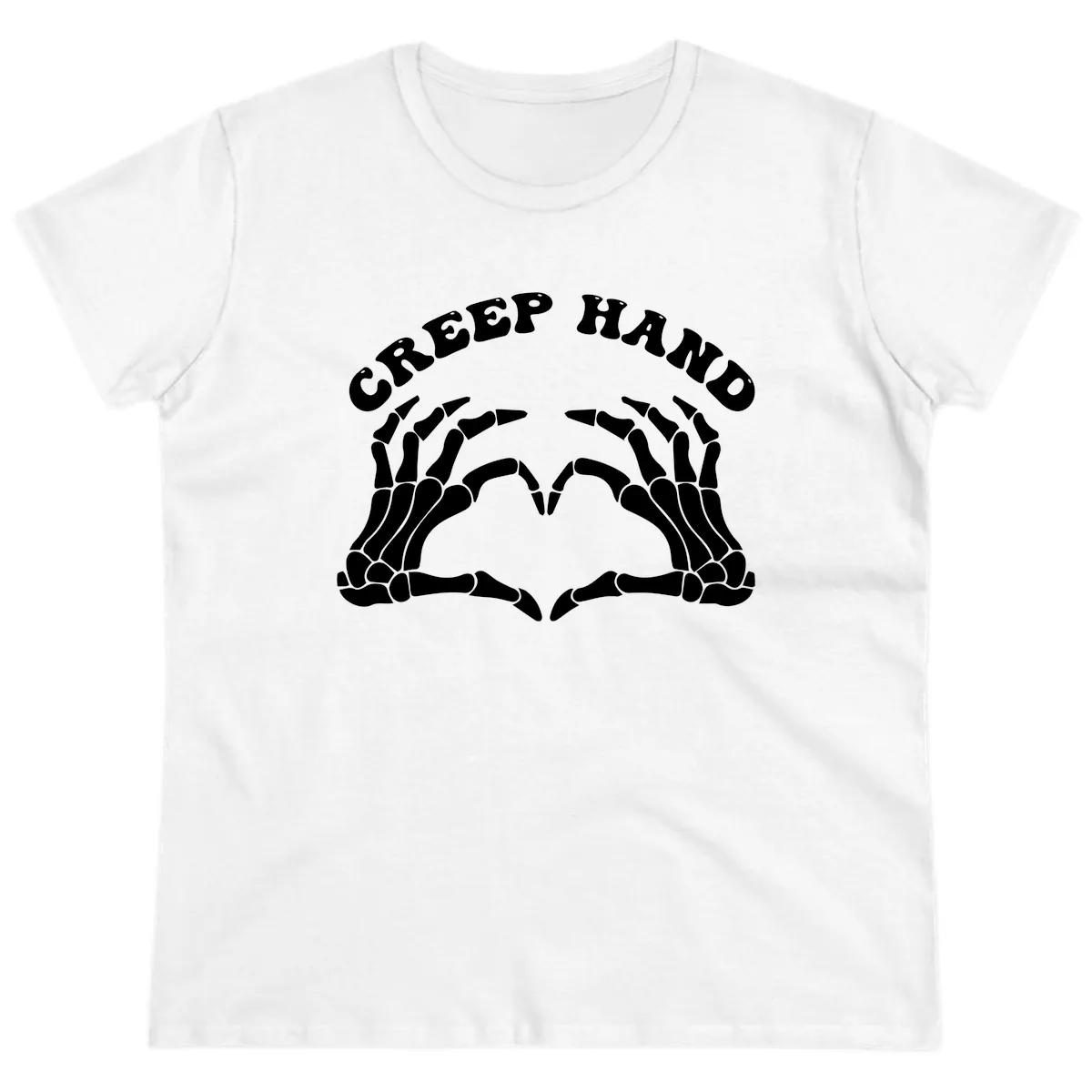 Creep Hand Skeleton Heart Gesture Ladies Tee in White