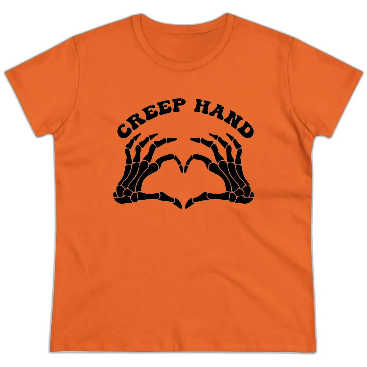 Creep Hand Skeleton Heart Gesture Ladies Tee in Orange