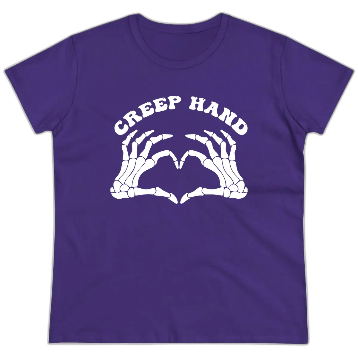 Creep Hand Skeleton Heart Gesture Ladies Tee in Purple