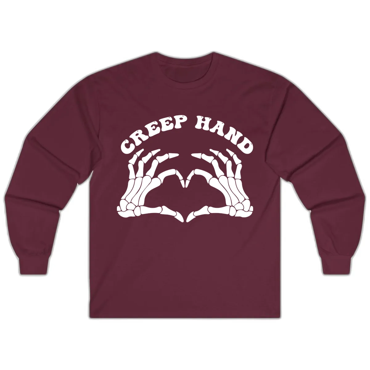 Creep Hand Skeleton Heart Gesture Long Sleeve in Maroon