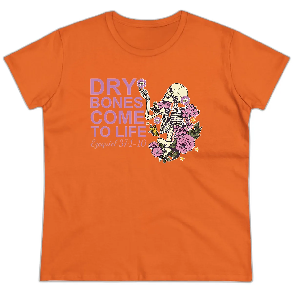 Dry Bones Come to Life Illustration Ladies Tee in Orange