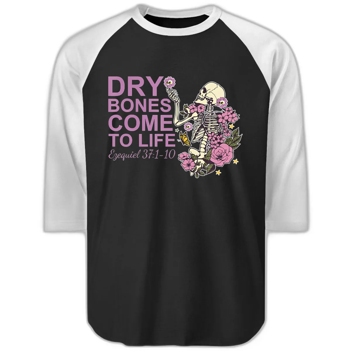 Dry Bones Come to Life Illustration Raglan 3/4 in Black White