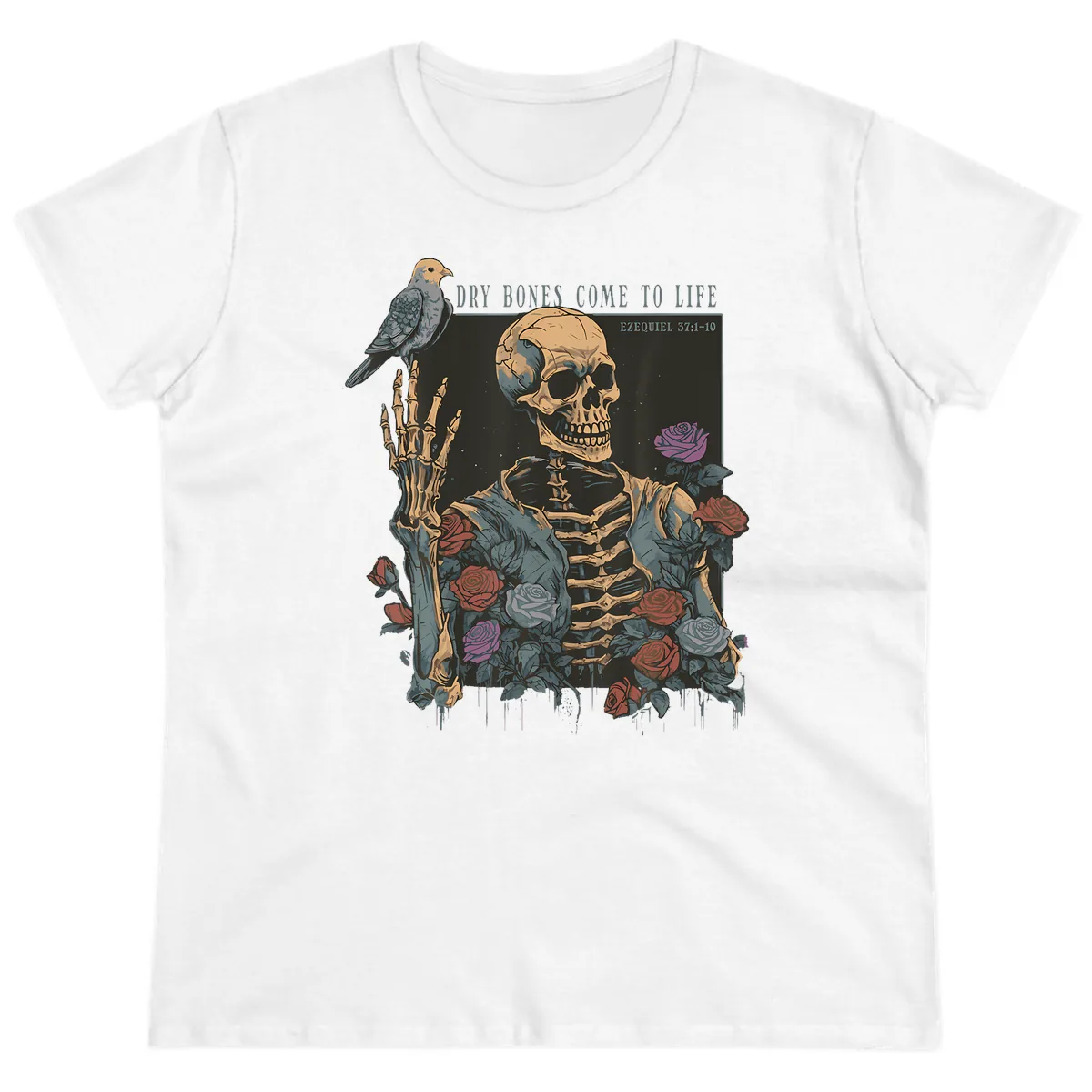 Dry Bones Come To Life Skull Ladies Tee in White