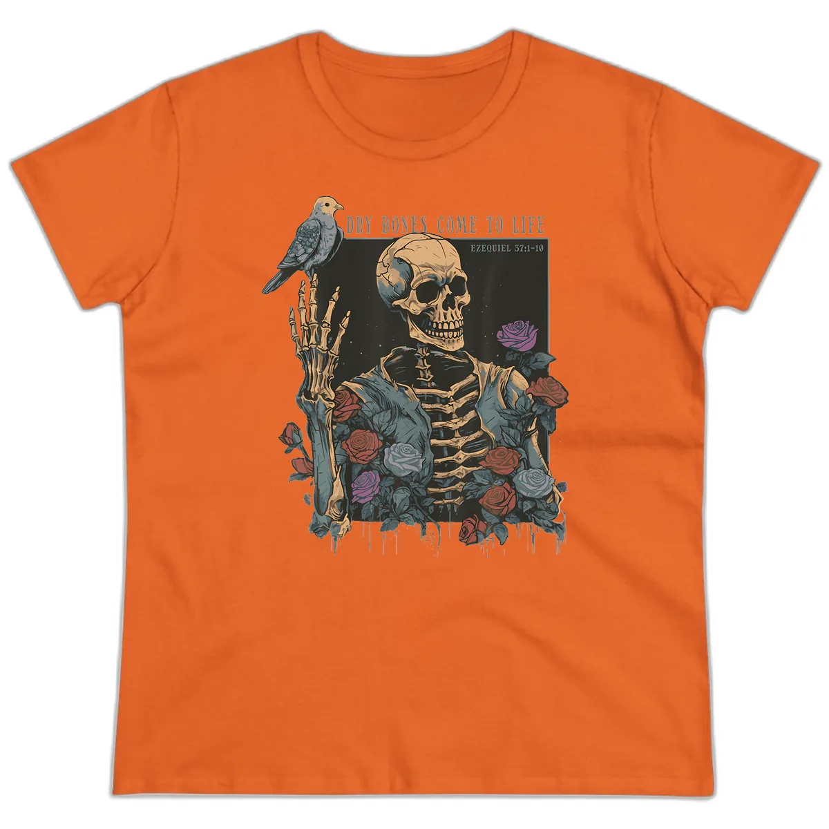 Dry Bones Come To Life Skull Ladies Tee in Orange