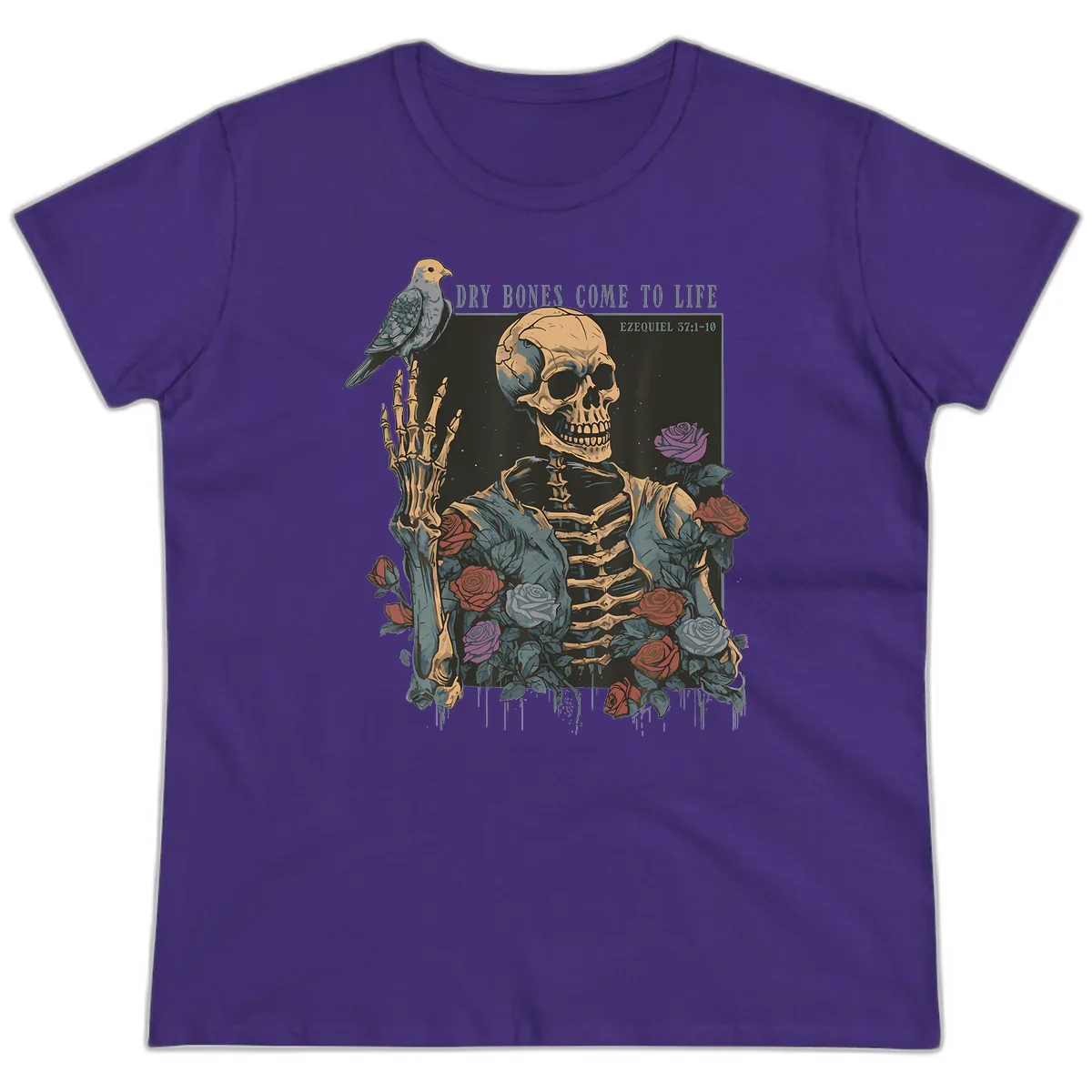 Dry Bones Come To Life Skull Ladies Tee in Purple