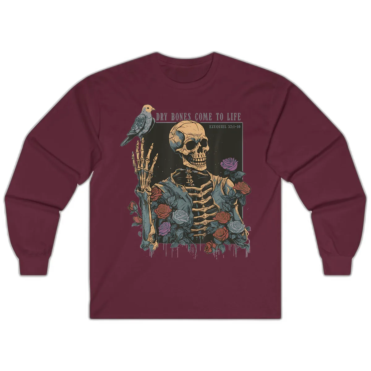 Dry Bones Come To Life Skull Long Sleeve in Maroon